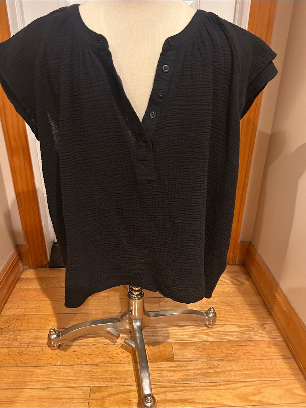 Women Black Textured Button Henley Shirt